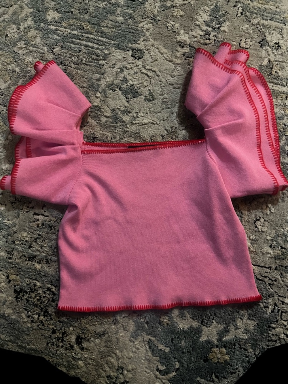 Pink Ruffle Sleeve Crop Top with Contrast Stitching